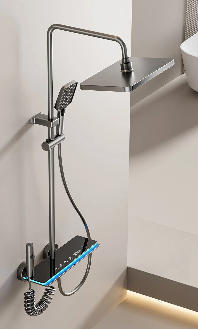 Grey Shower System with Ambient Light Intelligent Digital Shower Faucet Set Temperature Display Rainlfall Bathroom Shower Set Grey Shower System with Ambient Light Intelligent Digital Shower Faucet Set Temperature Display Rainlfall Bathroom Shower Set