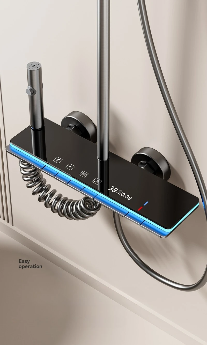 Grey Shower System with Ambient Light Intelligent Digital Shower Faucet Set Temperature Display Rainlfall Bathroom Shower Set Grey Shower System with Ambient Light Intelligent Digital Shower Faucet Set Temperature Display Rainlfall Bathroom Shower Set
