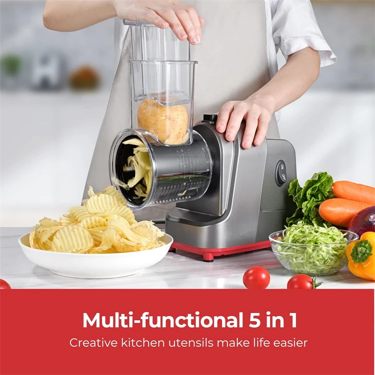LMETJMA 250W 5 in 1 Electric Vegetable Slicer Shredder Automatic Salad Shooter Machine Cheese Grater Carrot Cabbage Cutter JT253