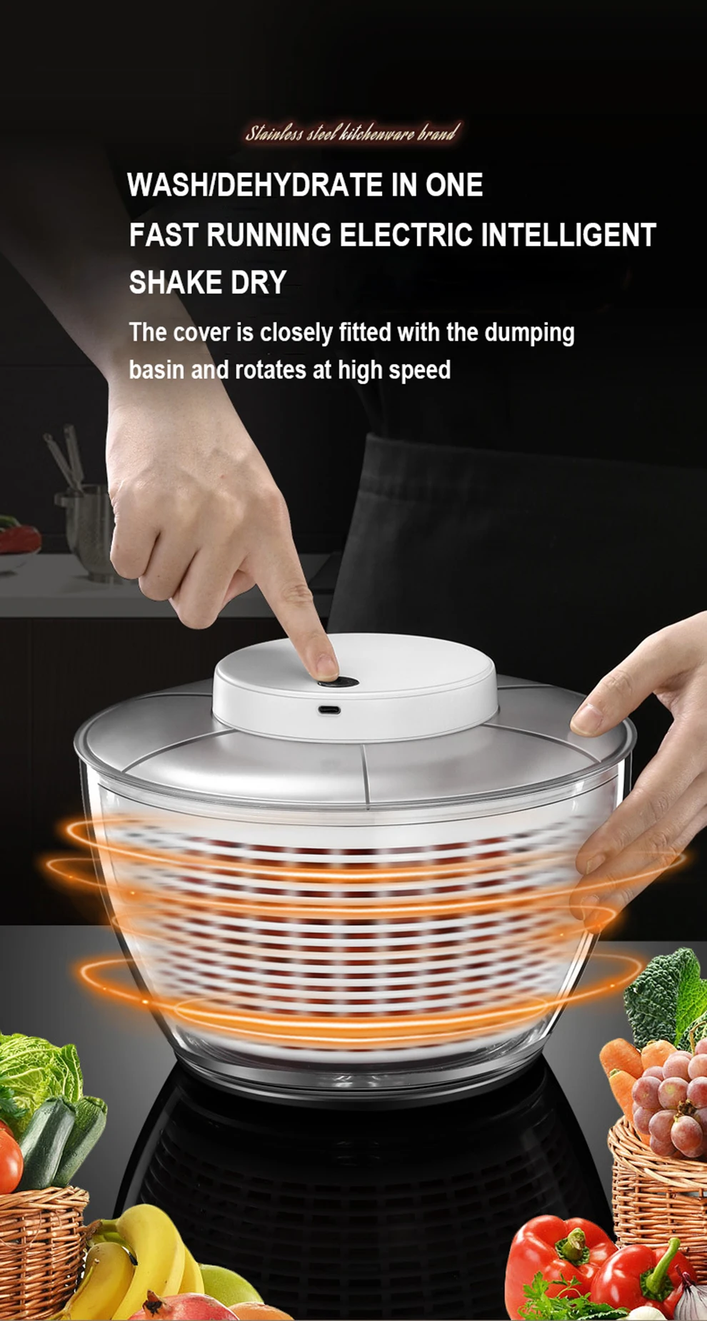 Salad Spinner Electric/Manual Vegetable Dehydrator Multifunction Food Fruit Dryer Quick Drying Drain Basket Kitchen Accessories