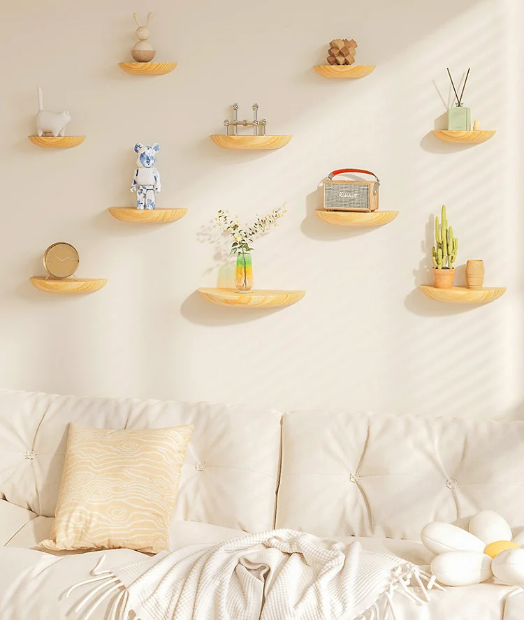 Solid Wooden Semicircle Wall Shelves Background Entryway Decorative Floating Organization Storage Holders Bedroom Kitchen Racks