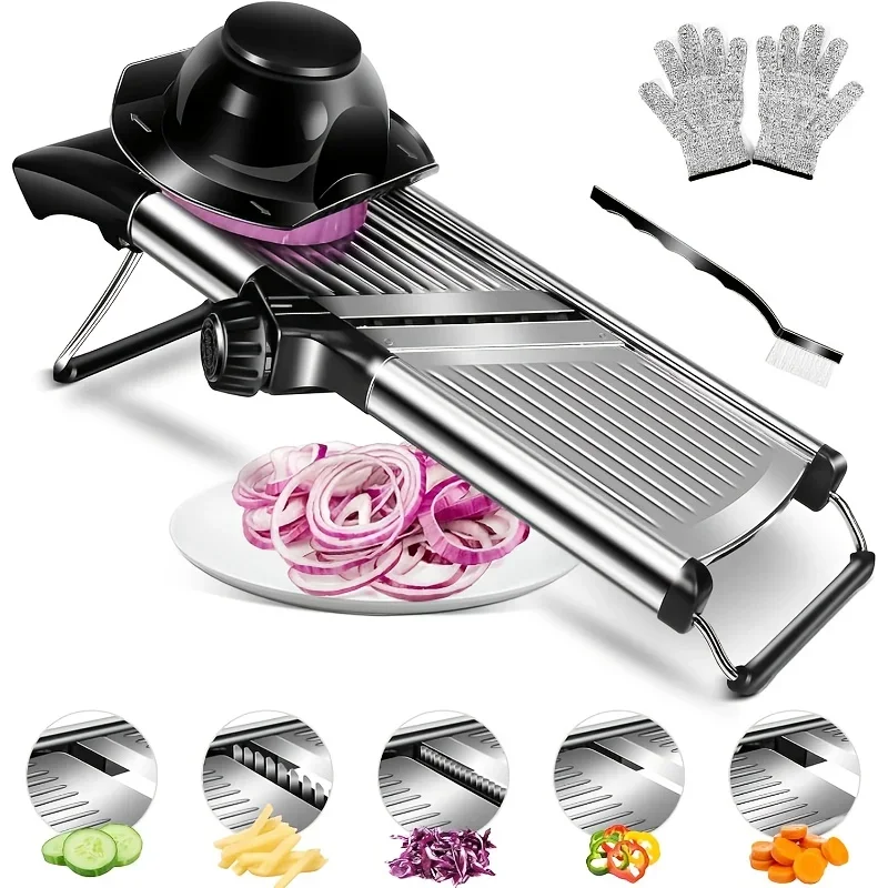 Stainless Steel Mandoline Slicer with 5 Interchangeable Blades and Safety Holder,Adjustable Vegetable & Fruit Cutter for Kitchen Stainless Steel Mandoline Slicer with 5 Interchangeable Blades and Safety Holder,Adjustable Vegetable & Fruit Cutter for Kitchen