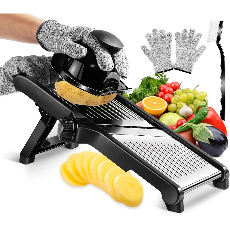 Stainless Steel Mandoline Slicer with 5 Interchangeable Blades and Safety Holder,Adjustable Vegetable & Fruit Cutter for Kitchen Stainless Steel Mandoline Slicer with 5 Interchangeable Blades and Safety Holder,Adjustable Vegetable & Fruit Cutter for Kitchen