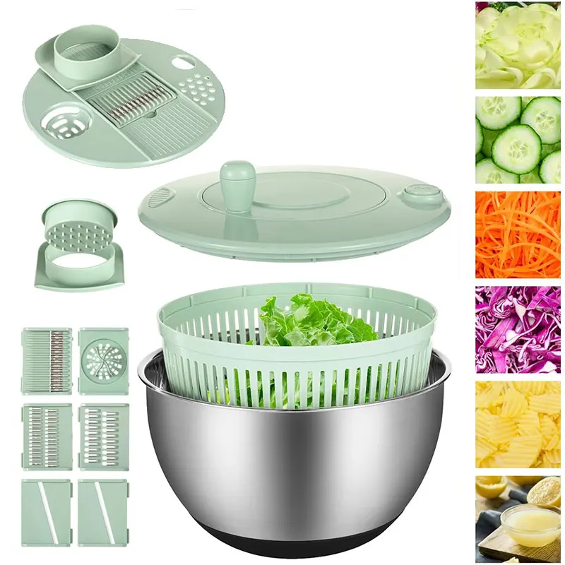 Stainless Steel Salad Spinner with Slicer Set 5 Qt Large Rotation Vegetable Washer Includes 5 Chopping Blades Slicer Drain Bowl Stainless Steel Salad Spinner with Slicer Set 5 Qt Large Rotation Vegetable Washer Includes 5 Chopping Blades Slicer Drain Bowl