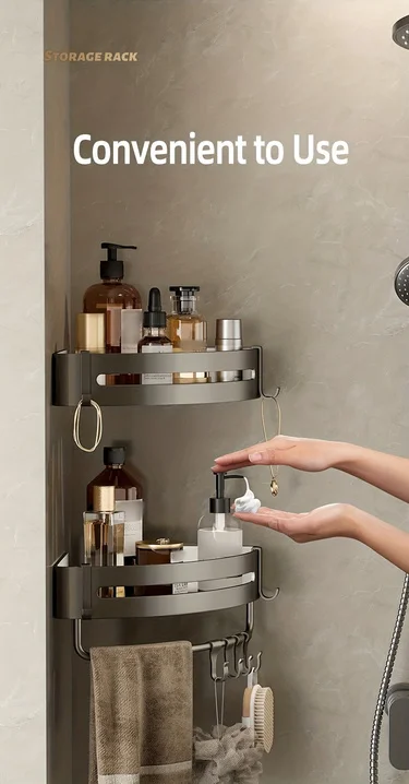 1pc Non-Drill Aluminum Bathroom Storage Rack - Wall-Mounted Corner Shelf for Shampoo, Makeup, and Accessories