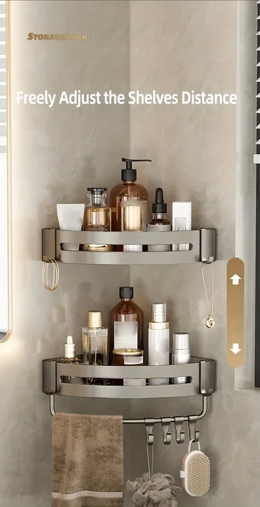 1pc Non-Drill Aluminum Bathroom Storage Rack - Wall-Mounted Corner Shelf for Shampoo, Makeup, and Accessories