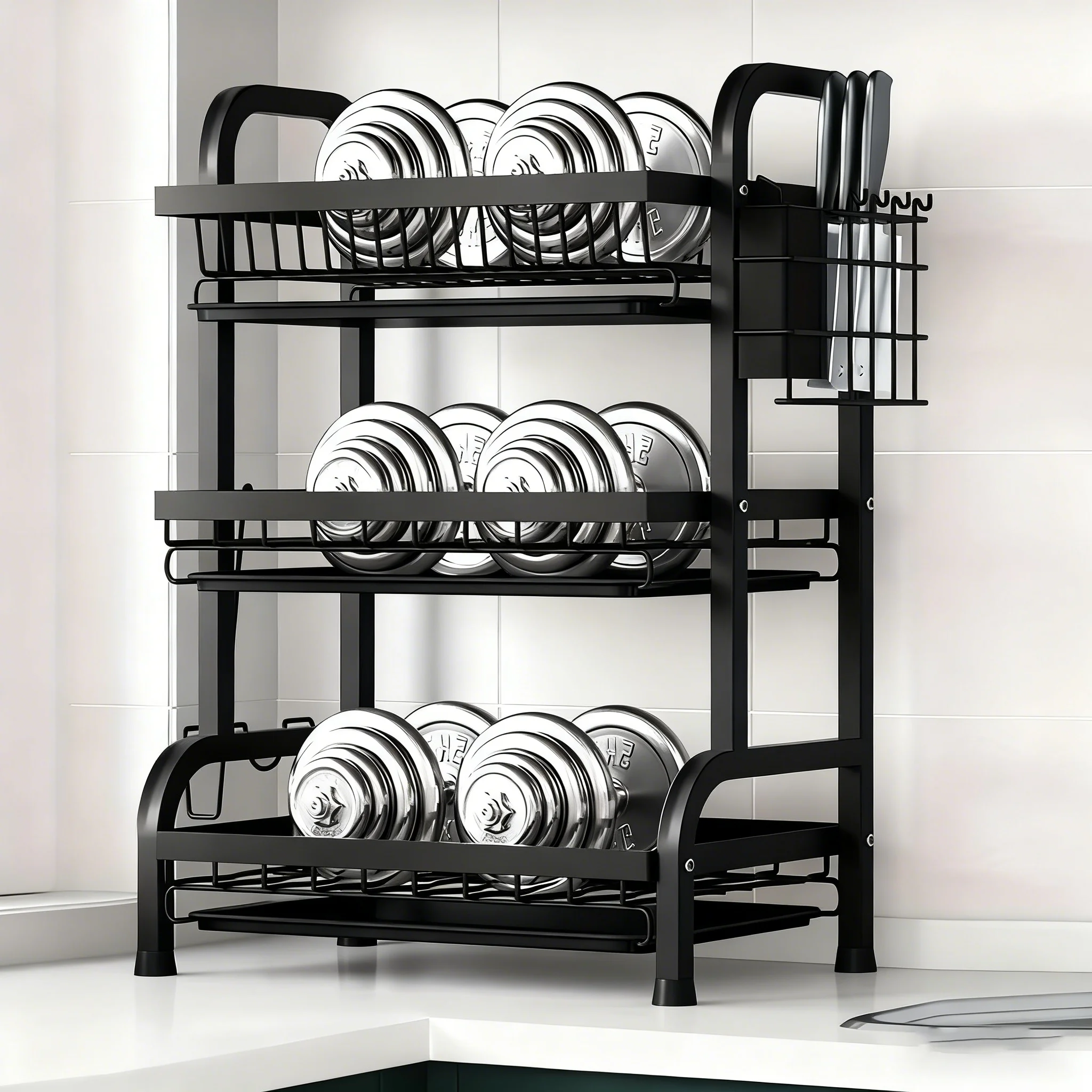 Large 2-3 Tier Vertical Dish Rack/Utensil Holder, Kitchen Storage Rack with Quick Drainage System, Knife and Fork Holder, Cutting Board Storage, Drying Rack - Heavy-Duty Carbon Steel Multifunctional U Large 2-3 Tier Vertical Dish Rack/Utensil Holder, Kitchen Storage Rack with Quick Drainage System, Knife and Fork Holder, Cutting Board Storage, Drying Rack - Heavy-Duty Carbon Steel Multifunctional U