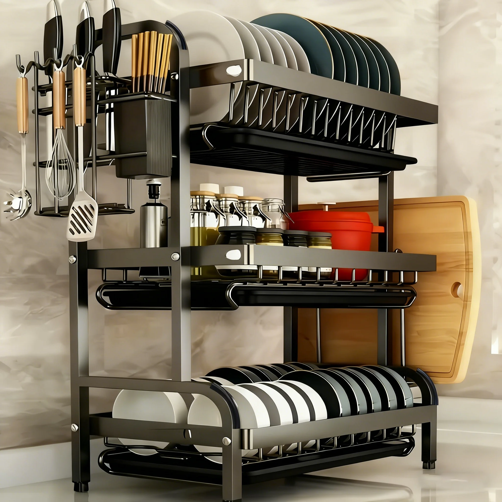Large 2-3 Tier Vertical Dish Rack/Utensil Holder, Kitchen Storage Rack with Quick Drainage System, Knife and Fork Holder, Cutting Board Storage, Drying Rack - Heavy-Duty Carbon Steel Multifunctional U Large 2-3 Tier Vertical Dish Rack/Utensil Holder, Kitchen Storage Rack with Quick Drainage System, Knife and Fork Holder, Cutting Board Storage, Drying Rack - Heavy-Duty Carbon Steel Multifunctional U