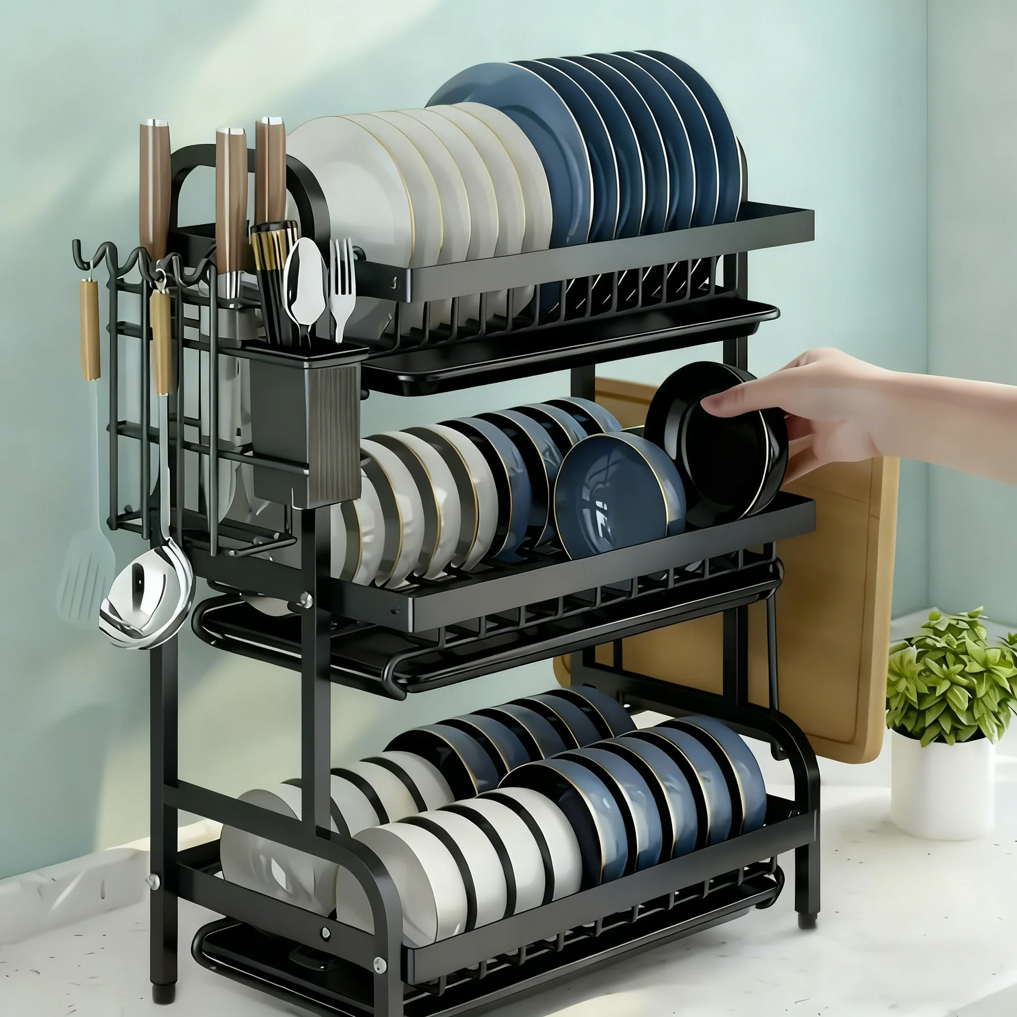 Large 2-3 Tier Vertical Dish Rack/Utensil Holder, Kitchen Storage Rack with Quick Drainage System, Knife and Fork Holder, Cutting Board Storage, Drying Rack - Heavy-Duty Carbon Steel Multifunctional U Large 2-3 Tier Vertical Dish Rack/Utensil Holder, Kitchen Storage Rack with Quick Drainage System, Knife and Fork Holder, Cutting Board Storage, Drying Rack - Heavy-Duty Carbon Steel Multifunctional U