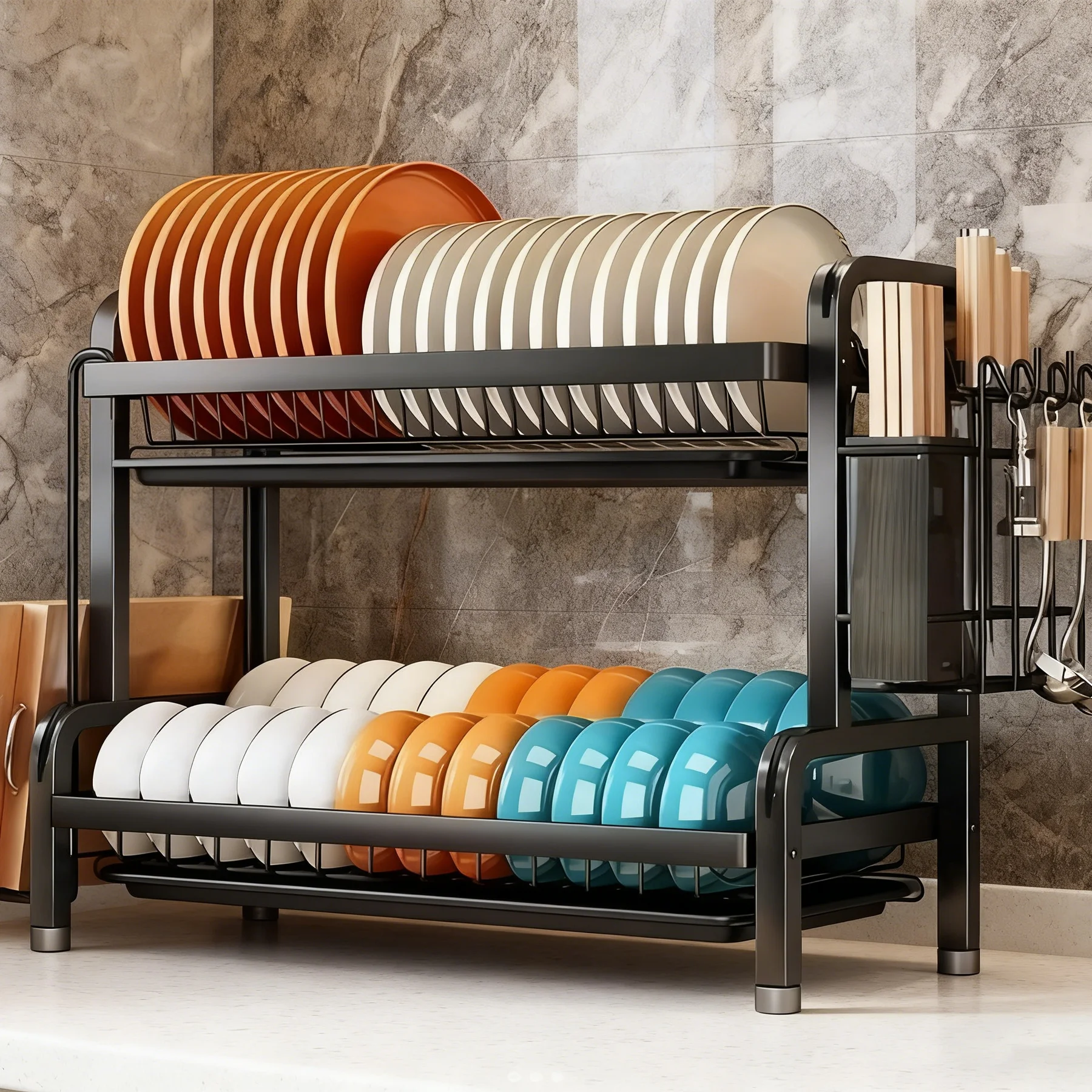 Large 2-3 Tier Vertical Dish Rack/Utensil Holder, Kitchen Storage Rack with Quick Drainage System, Knife and Fork Holder, Cutting Board Storage, Drying Rack - Heavy-Duty Carbon Steel Multifunctional U Large 2-3 Tier Vertical Dish Rack/Utensil Holder, Kitchen Storage Rack with Quick Drainage System, Knife and Fork Holder, Cutting Board Storage, Drying Rack - Heavy-Duty Carbon Steel Multifunctional U