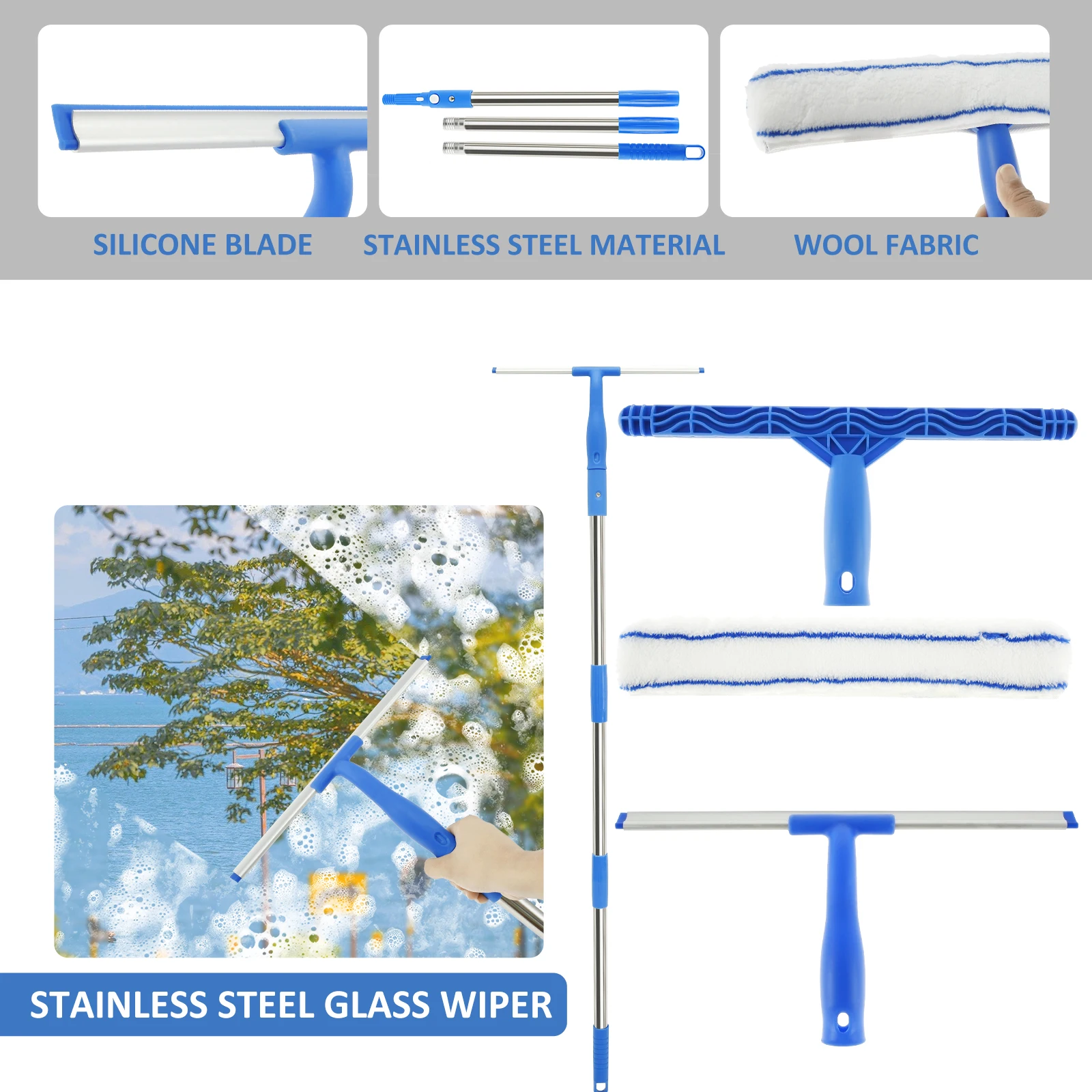 Extendable Window Cleaner Tools Set 180&deg; Rotatable Long Handle Window Mop Household Squeegee Wiper Dust Cleaner Brush New