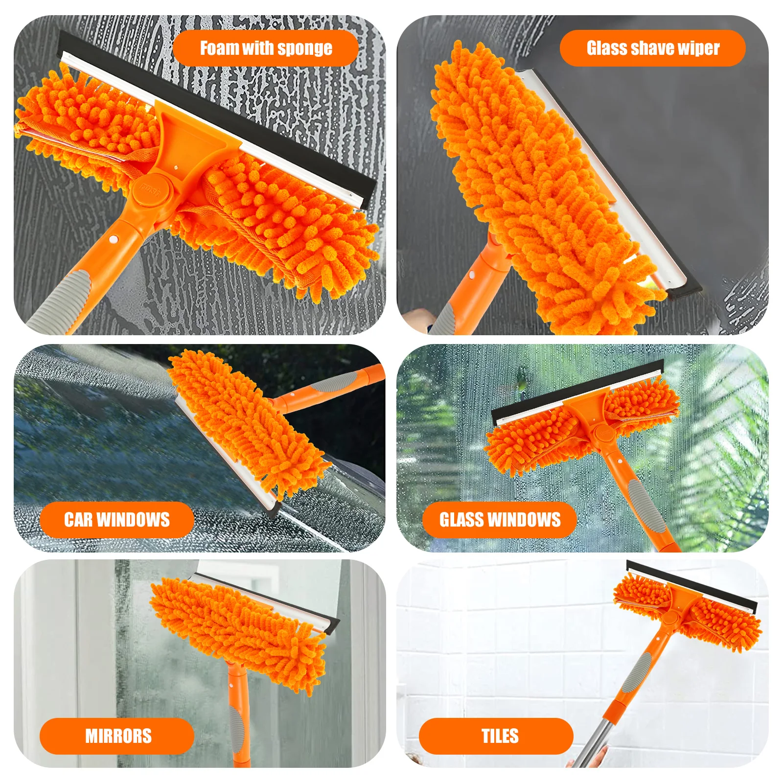Extendable Window Cleaner Tools Set 180&deg; Rotatable Long Handle Window Mop Household Squeegee Wiper Dust Cleaner Brush New