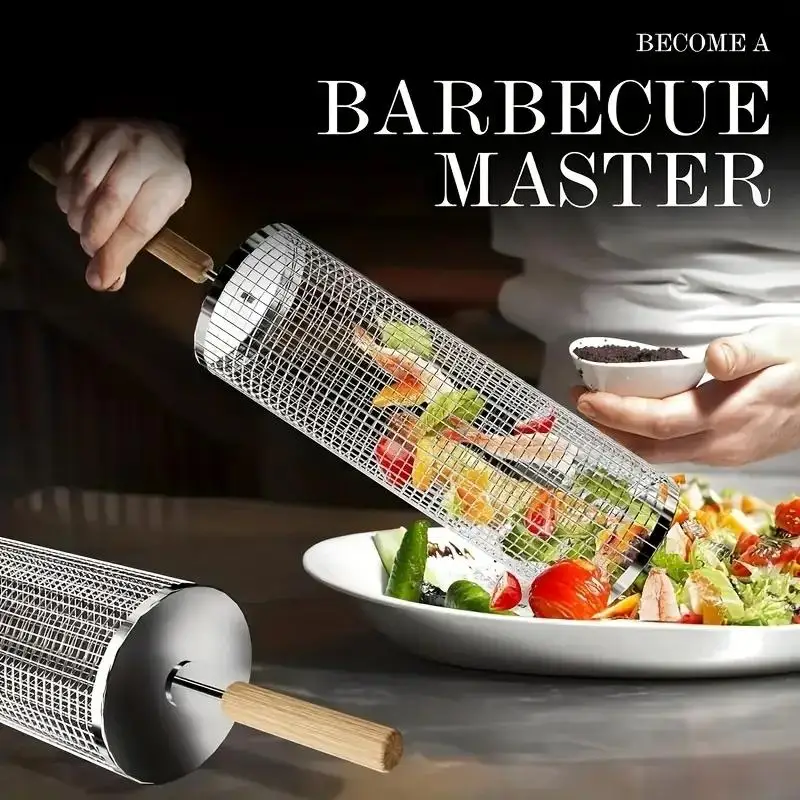 Round Barbecue Grill Basket Set, Stainless Steel Rolling BBQ Cage, Wire Mesh Cylinder Grilling Rack, Outdoor Camping Essential