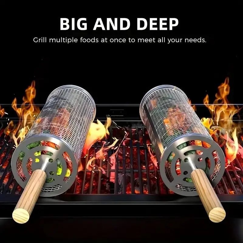 Round Barbecue Grill Basket Set, Stainless Steel Rolling BBQ Cage, Wire Mesh Cylinder Grilling Rack, Outdoor Camping Essential