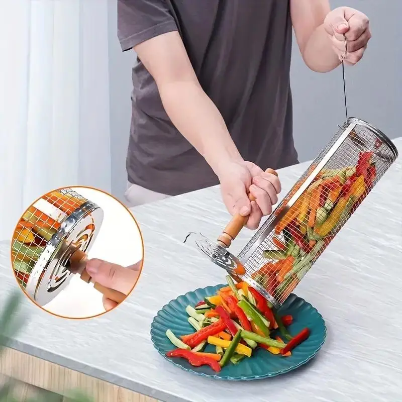 Round Barbecue Grill Basket Set, Stainless Steel Rolling BBQ Cage, Wire Mesh Cylinder Grilling Rack, Outdoor Camping Essential