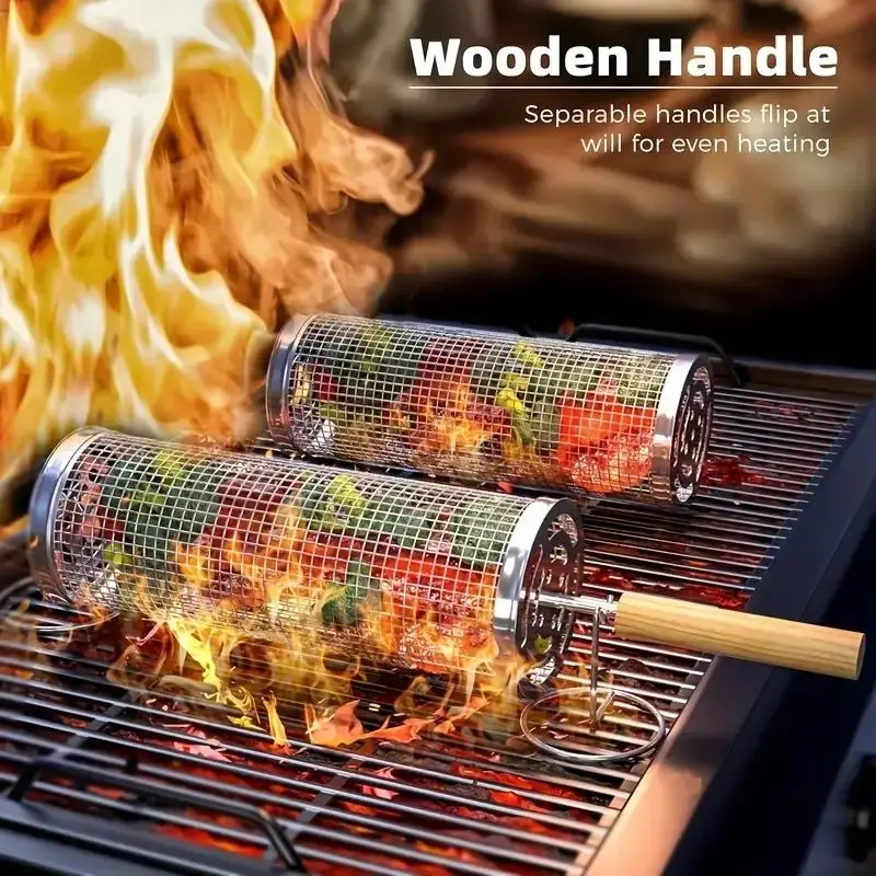 Round Barbecue Grill Basket Set, Stainless Steel Rolling BBQ Cage, Wire Mesh Cylinder Grilling Rack, Outdoor Camping Essential
