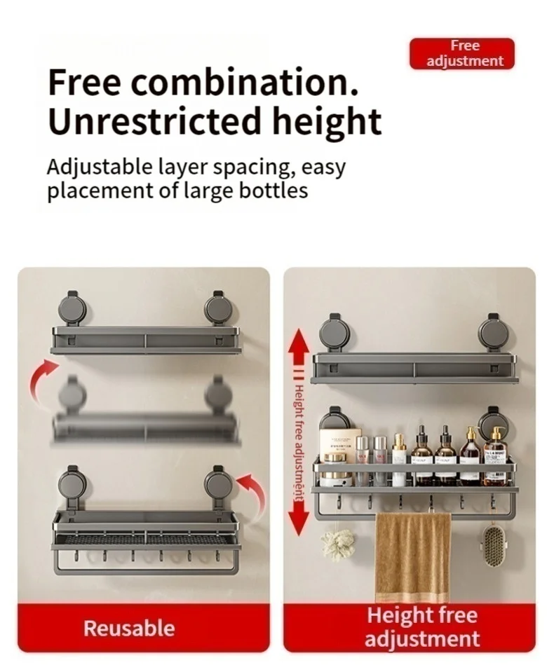 No Drill Suction Cup Suction Bathroom Rack Bathroom Shelf Toilet Space Aluminum Hanging Rack Bathroom Organizer Hang On The Wall