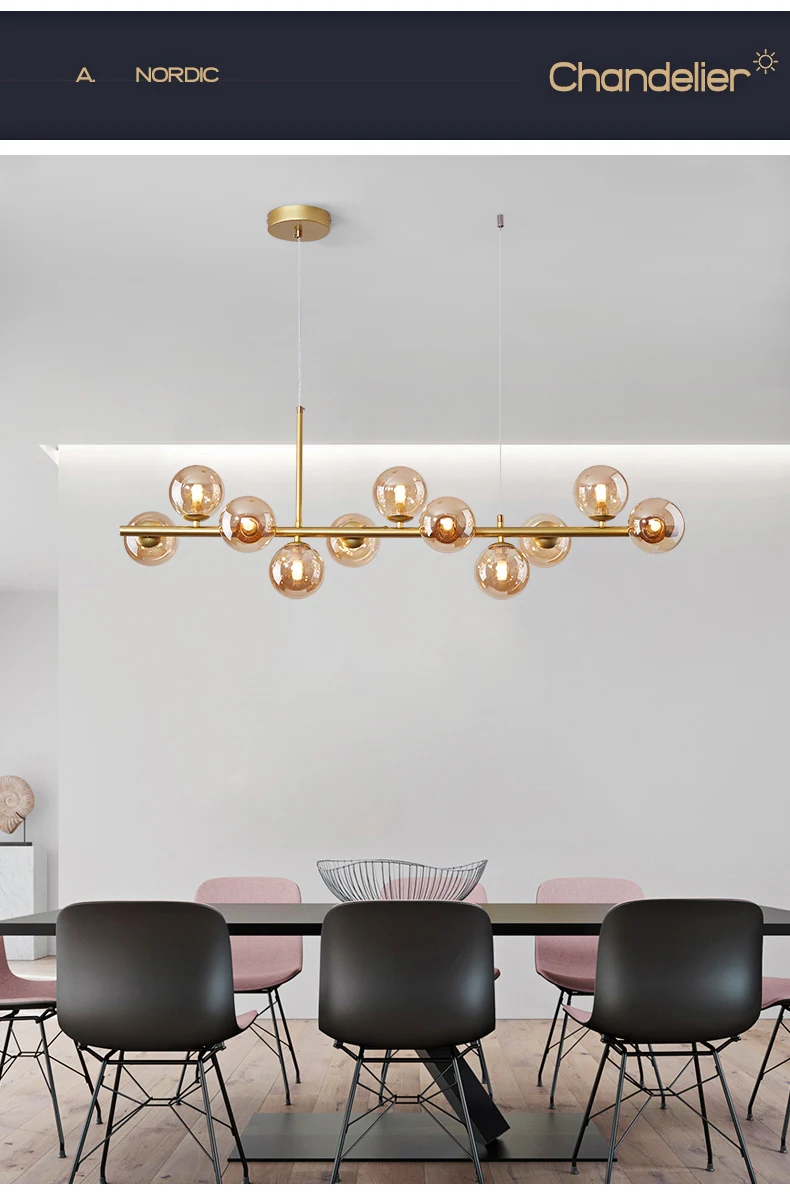 Nordic Modern LED Pendant Gold Light Glass Ball 11 Heads Hanging Lamp for Kitchen Living Dining Room Suspension Luminaire Design