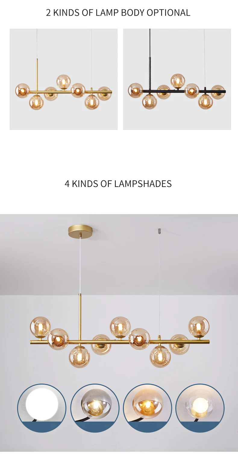 Nordic Modern LED Pendant Gold Light Glass Ball 11 Heads Hanging Lamp for Kitchen Living Dining Room Suspension Luminaire Design