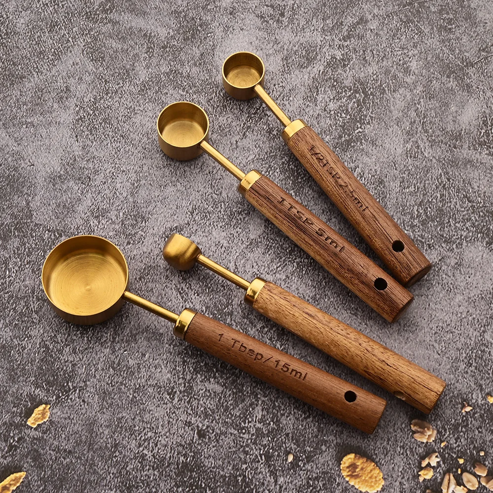 Gold Wooden Handle Stainless Steel Measuring Cups Spoons KITCHEN & DINNING Gold Wooden Handle Stainless Steel Measuring Cups Spoons KITCHEN & DINNING