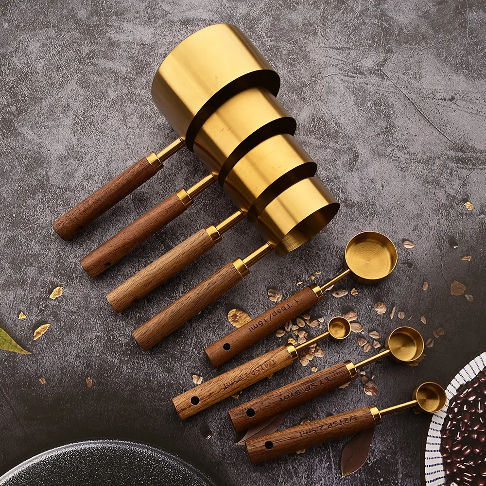 Gold Wooden Handle Stainless Steel Measuring Cups Spoons KITCHEN & DINNING Gold Wooden Handle Stainless Steel Measuring Cups Spoons KITCHEN & DINNING