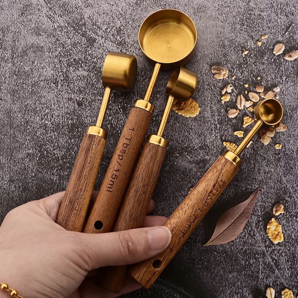 Gold Wooden Handle Stainless Steel Measuring Cups Spoons KITCHEN & DINNING Gold Wooden Handle Stainless Steel Measuring Cups Spoons KITCHEN & DINNING