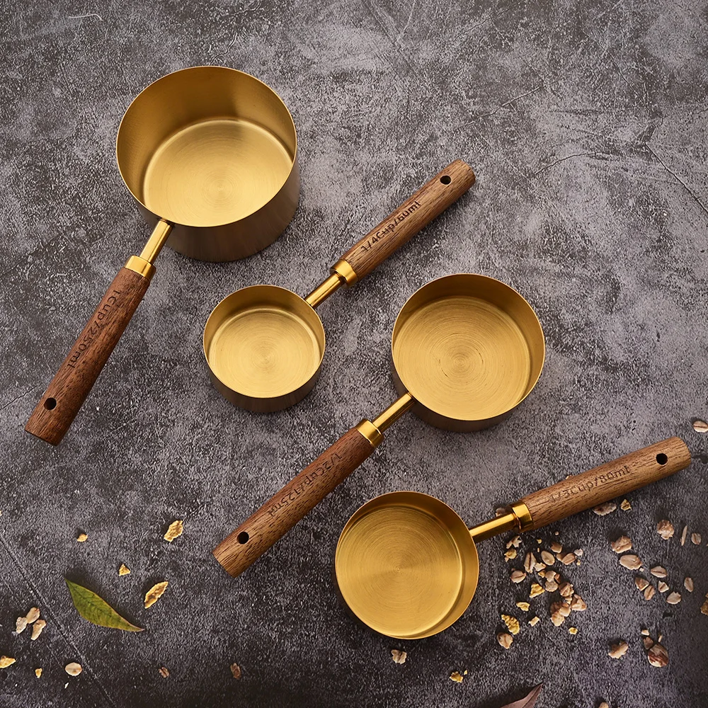 Gold Wooden Handle Stainless Steel Measuring Cups Spoons KITCHEN & DINNING Gold Wooden Handle Stainless Steel Measuring Cups Spoons KITCHEN & DINNING