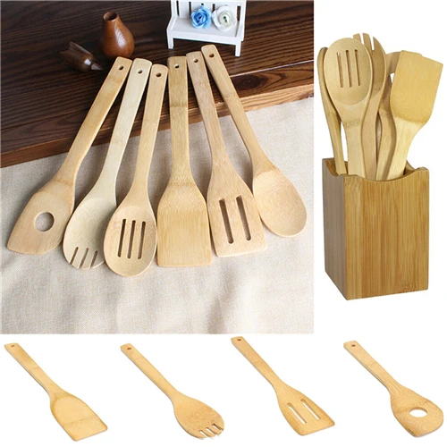 6 Pieces Bamboo Spoon Spatula Kitchen Utensil Wooden Cooking Tool Mixing Set 6 Pieces Bamboo Spoon Spatula Kitchen Utensil Wooden Cooking Tool Mixing Set