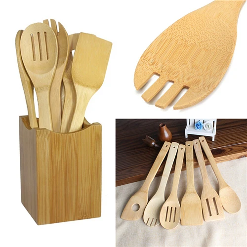 6 Pieces Bamboo Spoon Spatula Kitchen Utensil Wooden Cooking Tool Mixing Set 6 Pieces Bamboo Spoon Spatula Kitchen Utensil Wooden Cooking Tool Mixing Set