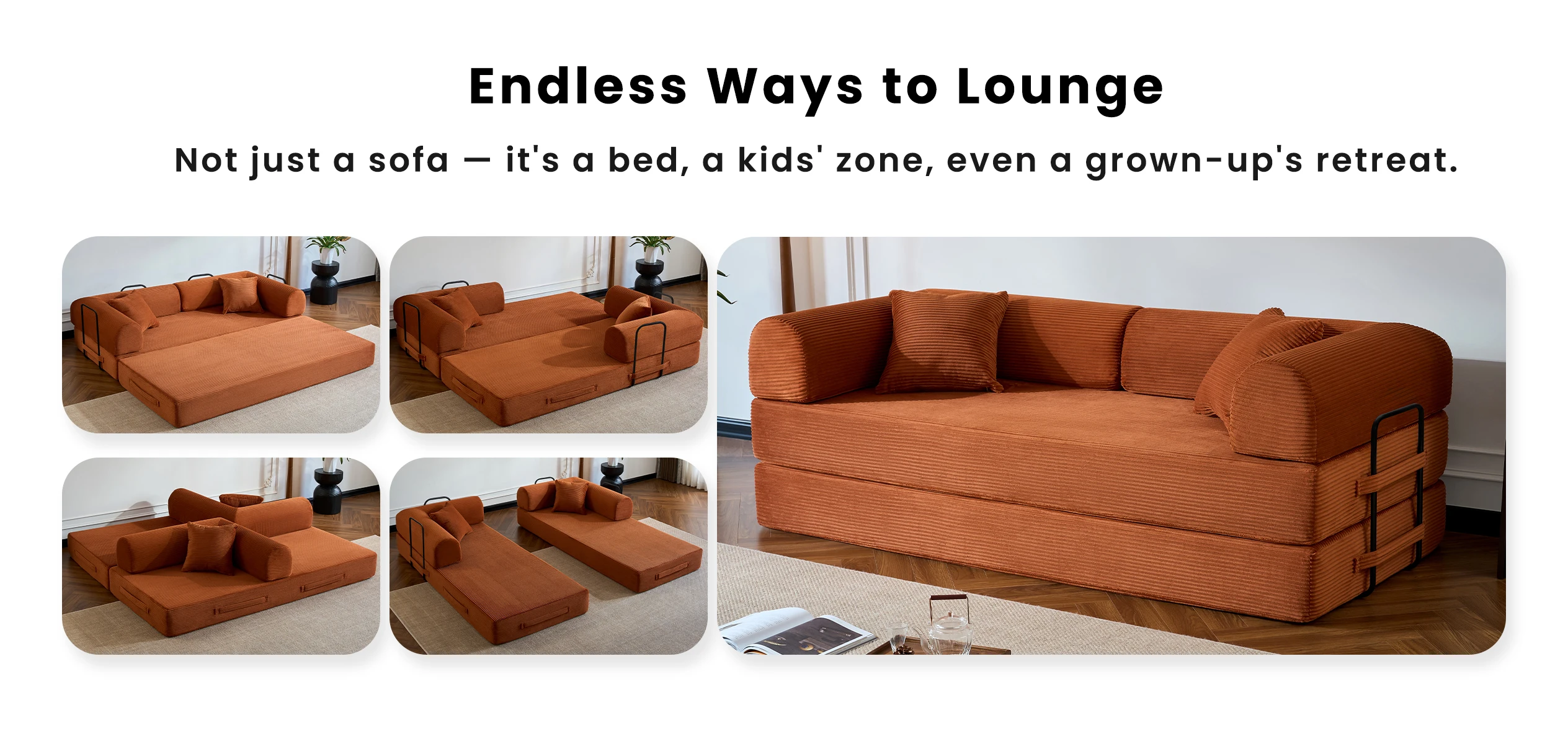 79&rsquo;&rsquo; Folding Convertible Sofa Bed Corduroy Upholstered Boneless Couch, Loveseat Sleeper Floor Sofa for Living Room Bedroom
