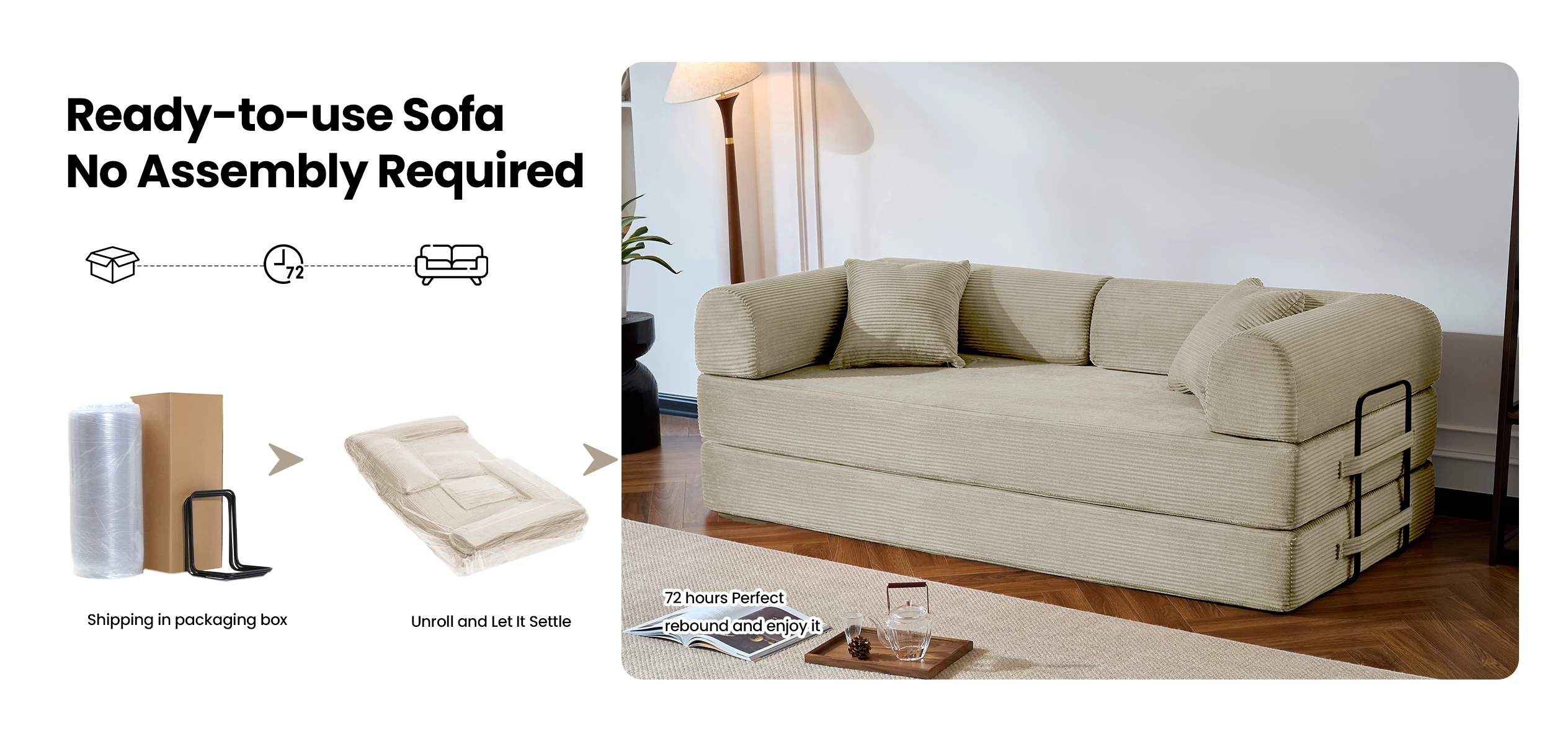 79&rsquo;&rsquo; Folding Convertible Sofa Bed Corduroy Upholstered Boneless Couch, Loveseat Sleeper Floor Sofa for Living Room Bedroom