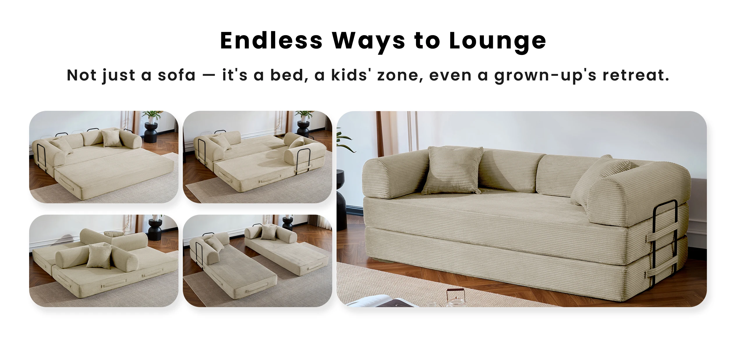 79&rsquo;&rsquo; Folding Convertible Sofa Bed Corduroy Upholstered Boneless Couch, Loveseat Sleeper Floor Sofa for Living Room Bedroom