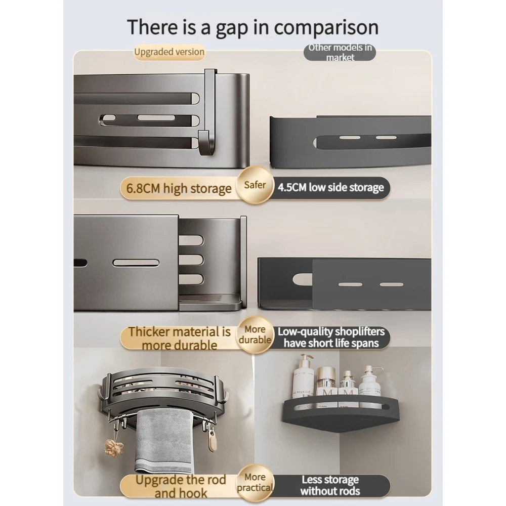 No Drill Sticker Walls for Installation Aluminum Bathroom Shelf BATHROOM SHELVES No Drill Sticker Walls for Installation Aluminum Bathroom Shelf Shelves Shampoo Rack Storage Holder Kitchen Organizer Rack
