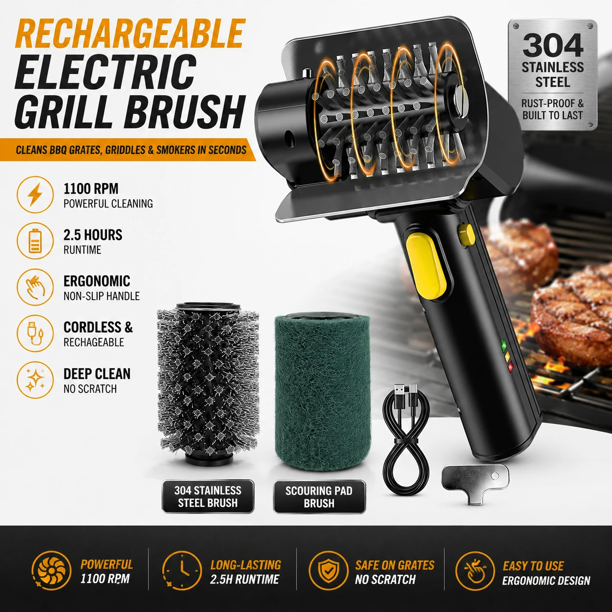 Hippcron Rechargeable Electric Grill Brush 1100 RPM – 304 Stainless Steel Barbecue Cleaning Tools Ergonomic Non-Slip Handle Hippcron Rechargeable Electric Grill Brush 1100 RPM – 304 Stainless Steel Barbecue Cleaning Tools Ergonomic Non-Slip Handle