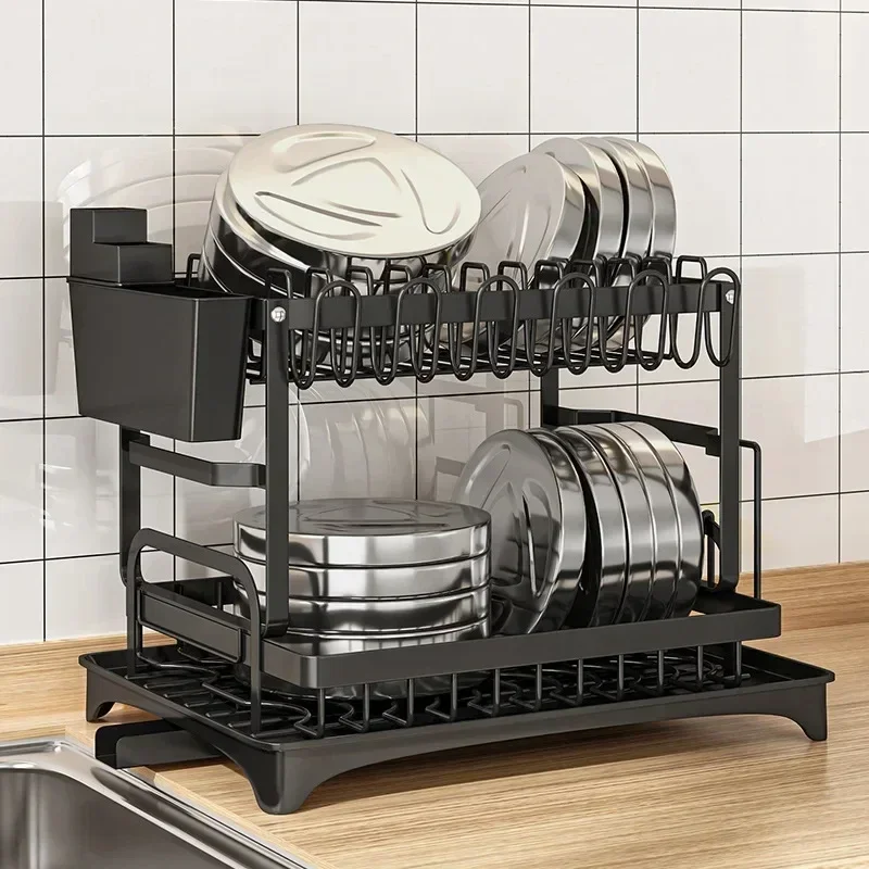 Premium Large-capacity 2-Tier Metal Dish Rack Drying Storage Shelf with Drain Tray for Kitchen