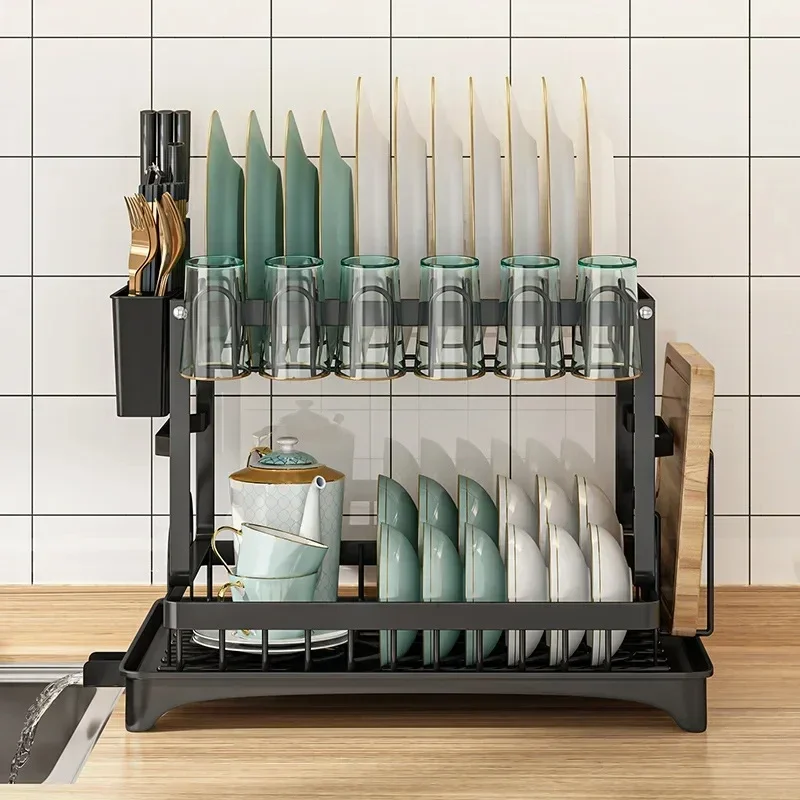 Premium Large-capacity 2-Tier Metal Dish Rack Drying Storage Shelf with Drain Tray for Kitchen