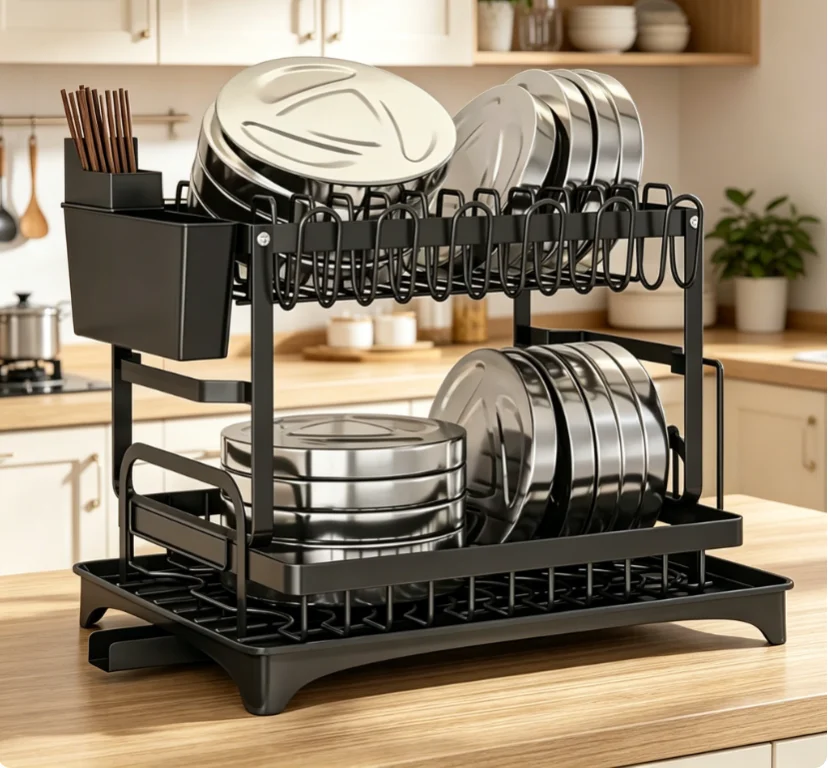 Premium Large-capacity 2-Tier Metal Dish Rack Drying Storage Shelf with Drain Tray for Kitchen