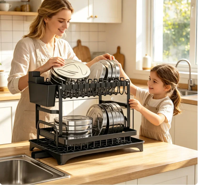Premium Large-capacity 2-Tier Metal Dish Rack Drying Storage Shelf with Drain Tray for Kitchen