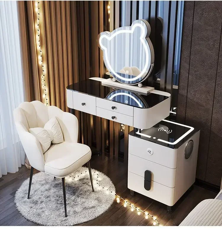 Modern Dressing Table with Smart Wireless Charging Luxury Bedroom Multifunctional Makeup Table with Chair Sound Cloud Led Mirror