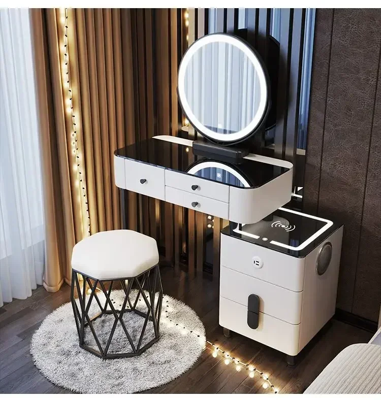 Modern Dressing Table with Smart Wireless Charging Luxury Bedroom Multifunctional Makeup Table with Chair Sound Cloud Led Mirror