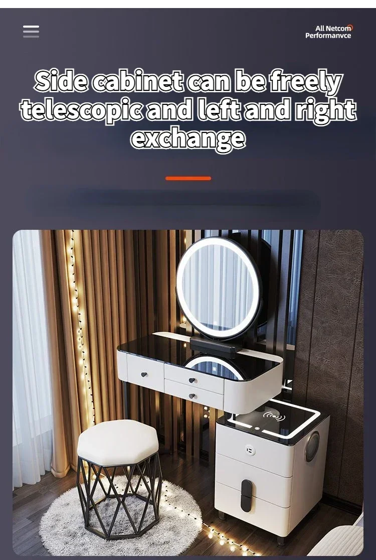 Modern Dressing Table with Smart Wireless Charging Luxury Bedroom Multifunctional Makeup Table with Chair Sound Cloud Led Mirror