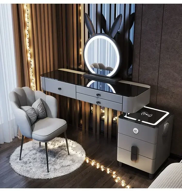 Modern Dressing Table with Smart Wireless Charging Luxury Bedroom Multifunctional Makeup Table with Chair Sound Cloud Led Mirror