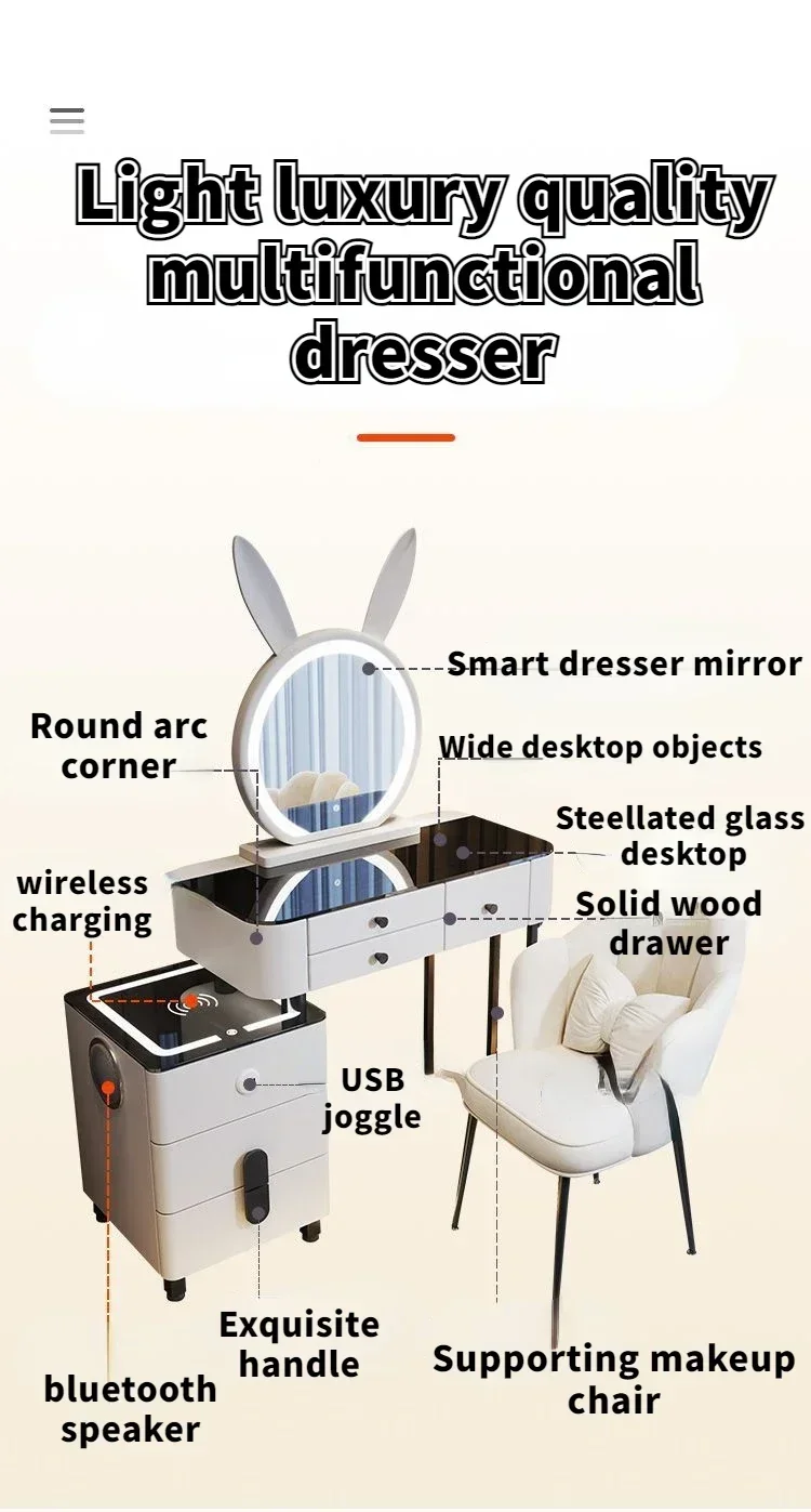 Modern Dressing Table with Smart Wireless Charging Luxury Bedroom Multifunctional Makeup Table with Chair Sound Cloud Led Mirror
