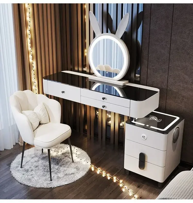 Modern Dressing Table with Smart Wireless Charging Luxury Bedroom Multifunctional Makeup Table with Chair Sound Cloud Led Mirror