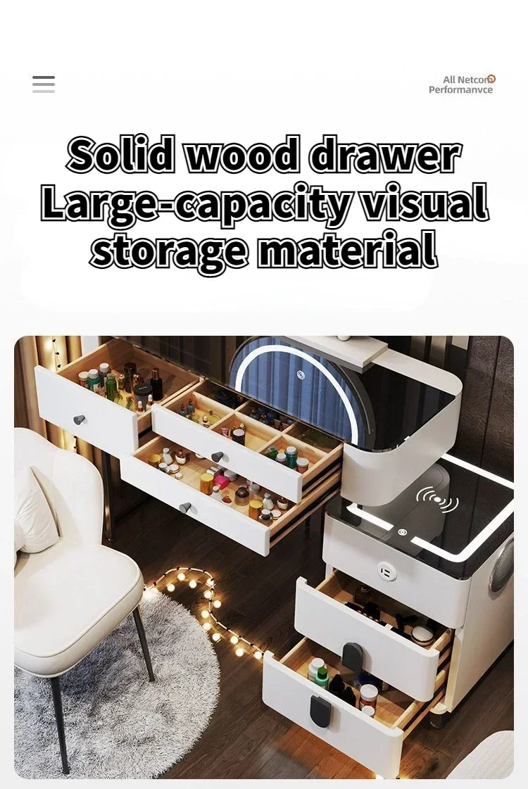 Modern Dressing Table with Smart Wireless Charging Luxury Bedroom Multifunctional Makeup Table with Chair Sound Cloud Led Mirror
