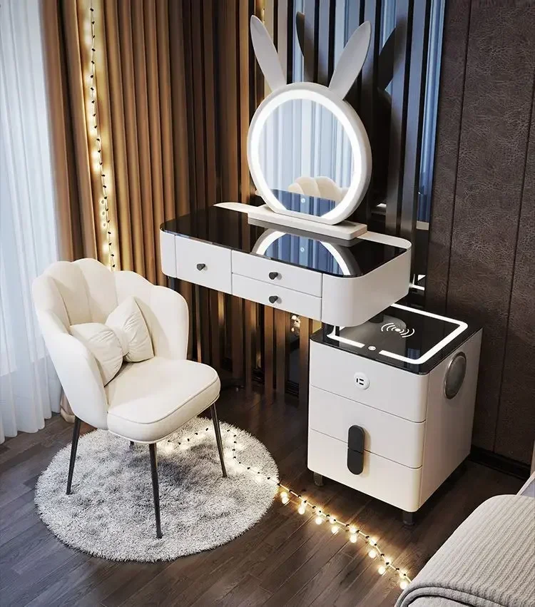 Modern Dressing Table with Smart Wireless Charging Luxury Bedroom Multifunctional Makeup Table with Chair Sound Cloud Led Mirror