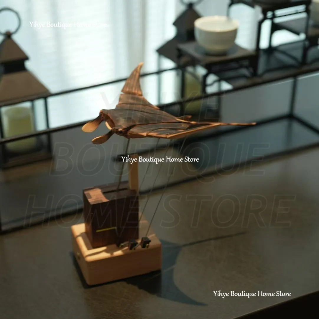 Hand-carved Flying Manta Ray Kinetic Sculpture - Unique Wooden Desktop Ornament for Home/Office Decoration & Gifting