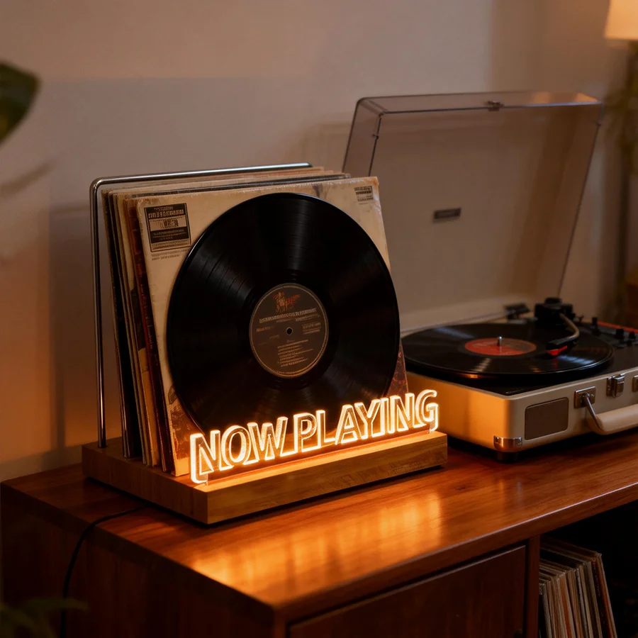 Now playing Vinyl Record Holder Light Up Vinyl Record Display Stand with Fingerprint-Proof Acrylic Albums, Warm White Light
