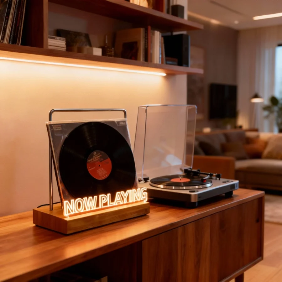 Now playing Vinyl Record Holder Light Up Vinyl Record Display Stand with Fingerprint-Proof Acrylic Albums, Warm White Light