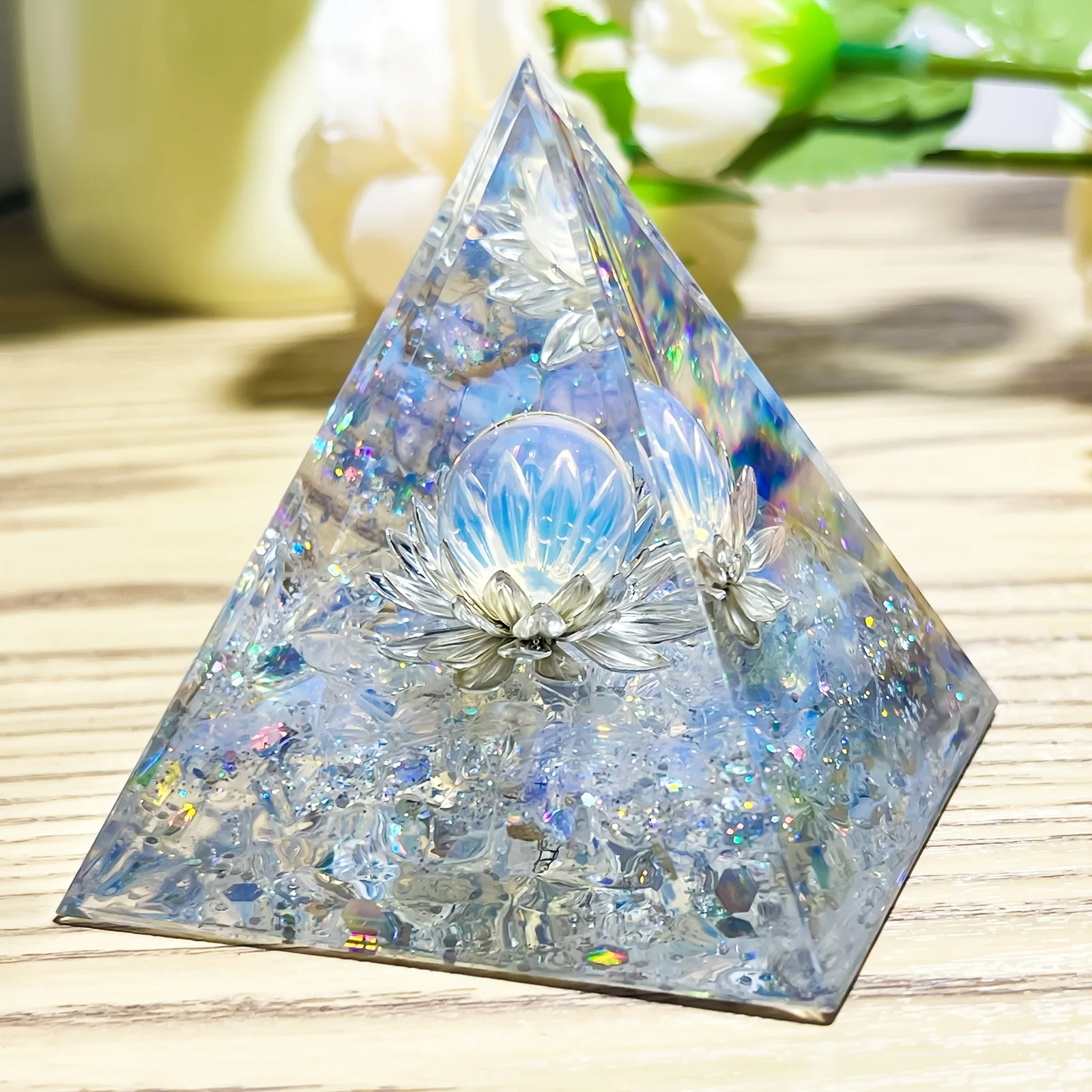 1PC White Lotus Flower Opal Orgone Pyramid Decorative Home Piece Life Flower Design Energy Pyramid for Interior Decoration 1PC White Lotus Flower Opal Orgone Pyramid Decorative Home Piece Life Flower Design Energy Pyramid for Interior Decoration